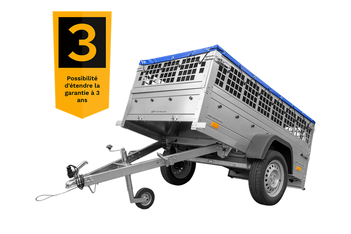 Remorque grillagée 200×106 avec bâche plate bleue, ridelles grillagées et roue jockey – Garden Trailer 200 KIPP