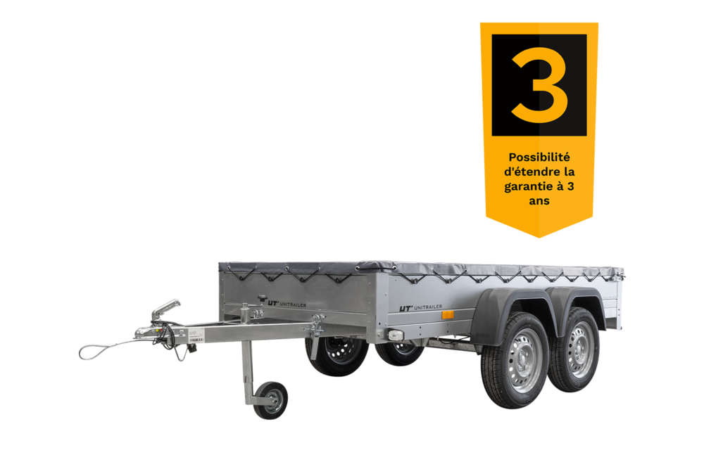 remorque unitrailer 264/2 kipp avec roue jockey, tige de support de bâche et bâche plate grise